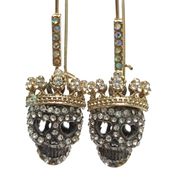 Betsey Johnson Jewelry - Gothic Skull Crown Gold and Silver Dangle Drop Earrings with Crown Queen King
